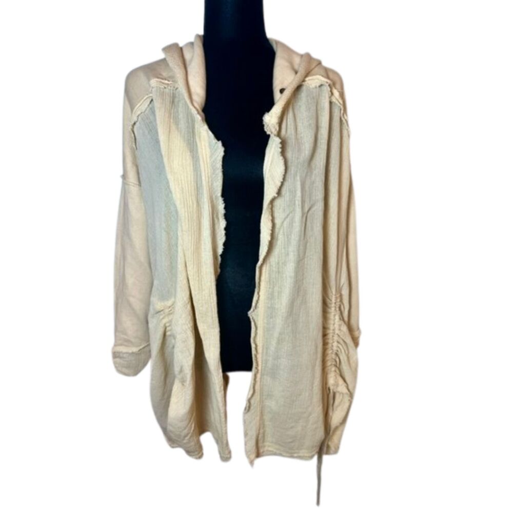 Free People Get Yer Gauze Raw Edged Hooded Cardigan Beige Size Large Boho